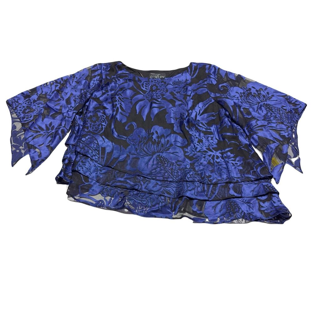Alex Evenings Womens 1X Blue Black Layered Chiffon Asymmetrical Blouse Top NWT